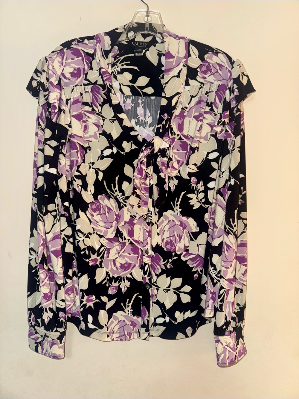 NWOT Lauren Ralph Lauren Floral w Tie Neck Jersey Blouse Top Purple Black Large